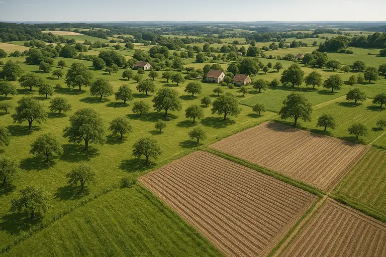 Historische Luftaufnahme einer Streuobstlandschaft